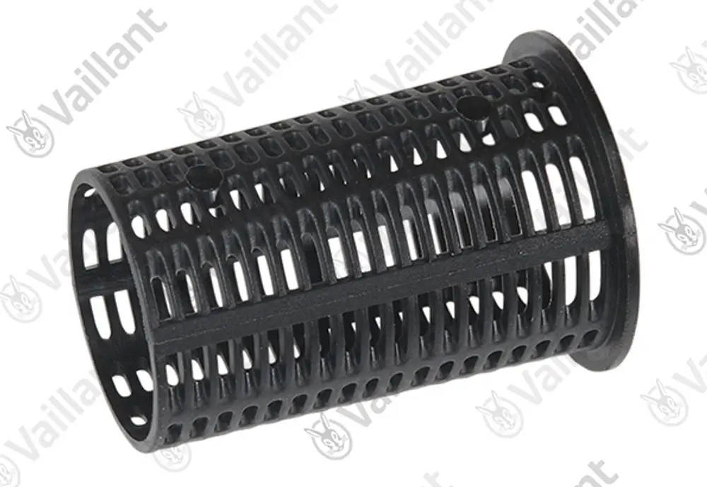 Schwarzer, zylindrischer Filter mit perforierter Oberfläche von Vaillant, für Heiz- oder Warmwassersysteme.